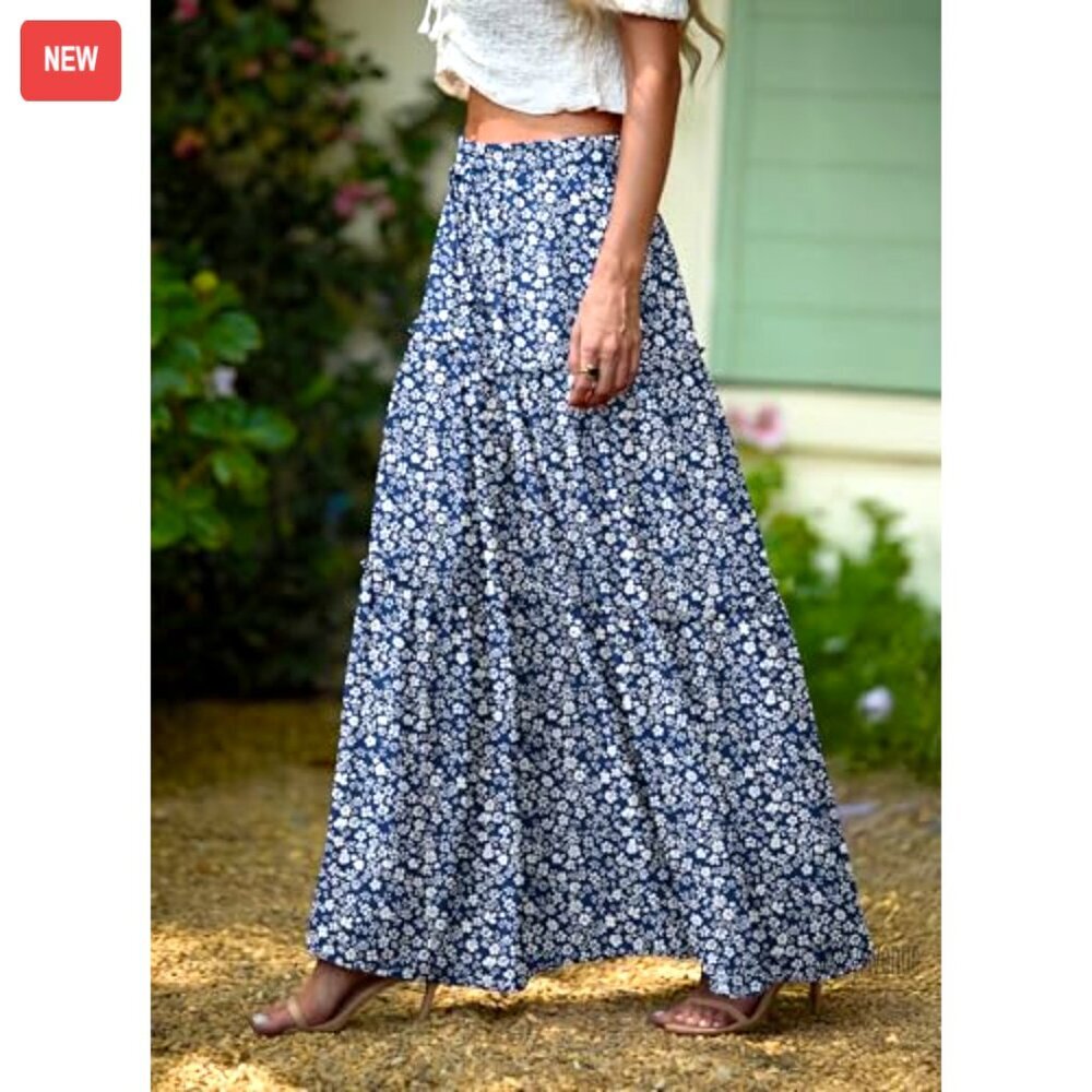 High Waisted Maxi Skirt with Pockets, Flowy Boho Floral Tiered Design for Summer - Picture 2 of 7
